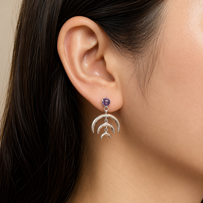 Wiccan Triple Moon Goddess Earrings with Gemstone 925 Sterling Silver AGE1004 E-1249