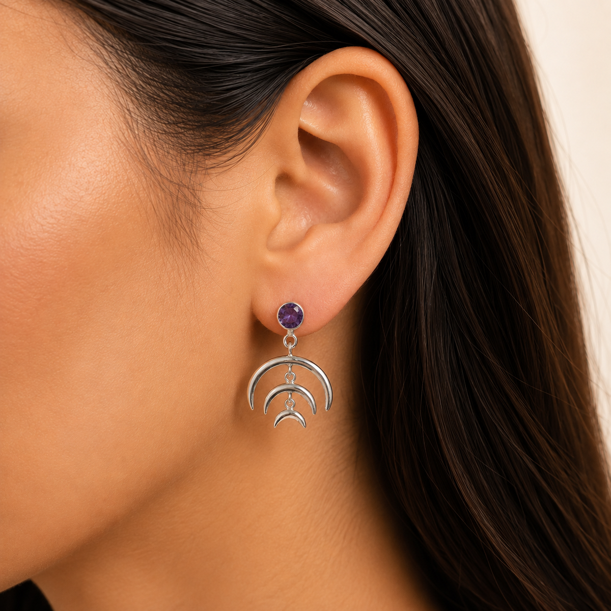 Wiccan Triple Moon Goddess Earrings with Gemstone 925 Sterling Silver AGE1004 E-1249