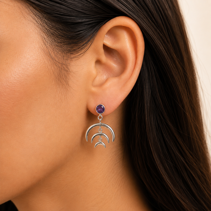 Wiccan Triple Moon Goddess Earrings with Gemstone 925 Sterling Silver AGE1004 E-1249