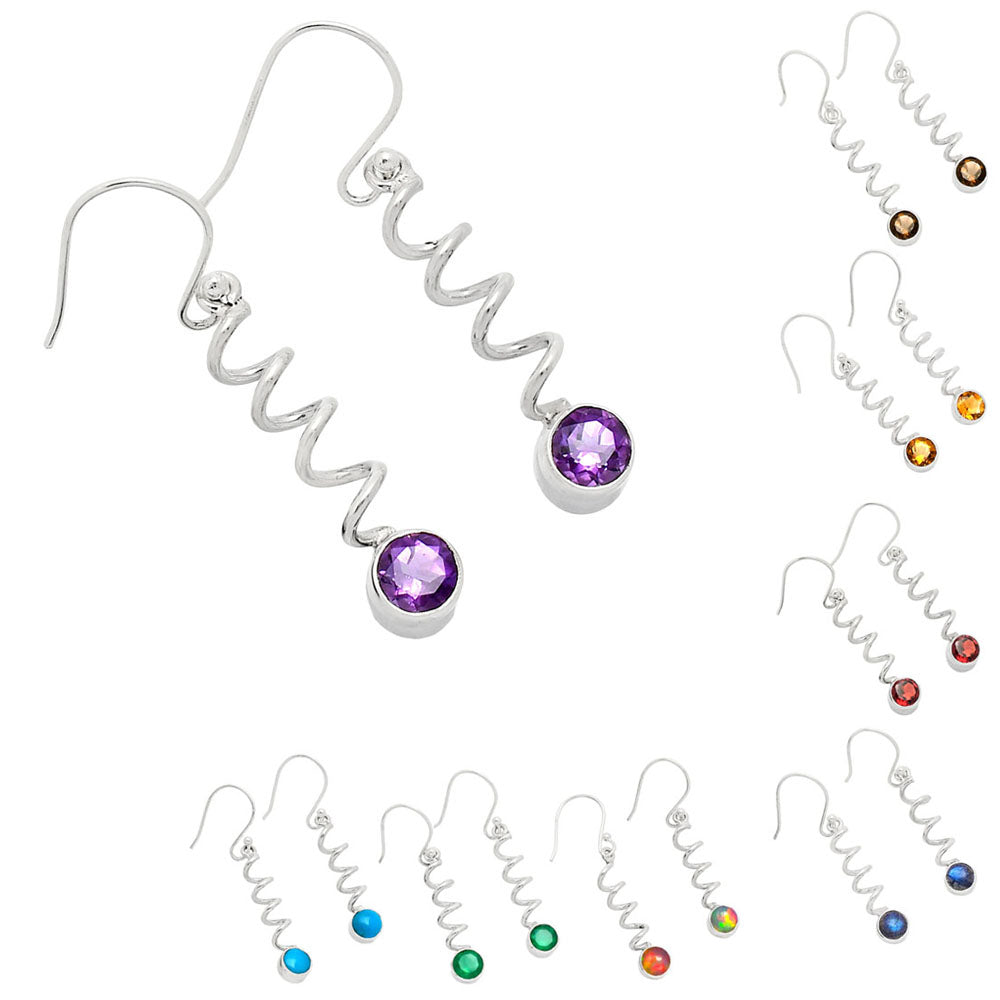 Handcrafted Boho Spiral Dangle Earrings with Gemstone in 925 Silver AGE1006 E-1047