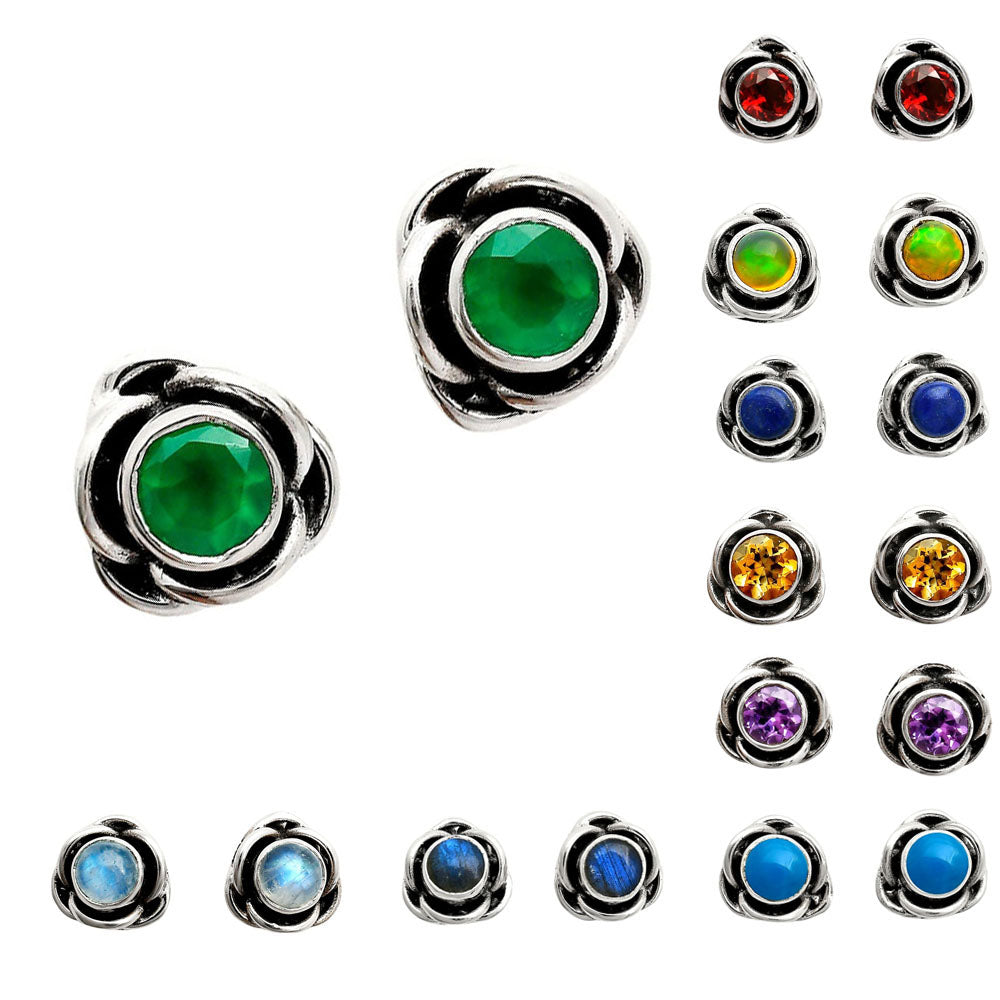Classic Boho Floral Bezel Gemstone Stud Earrings in 925 Silver for Women AGE1008 E-1248