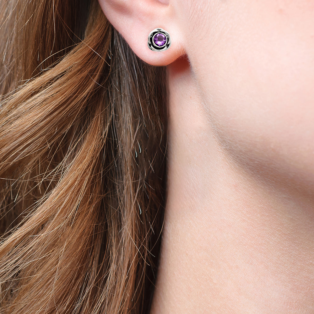 Classic Boho Floral Bezel Gemstone Stud Earrings in 925 Silver for Women AGE1008 E-1248