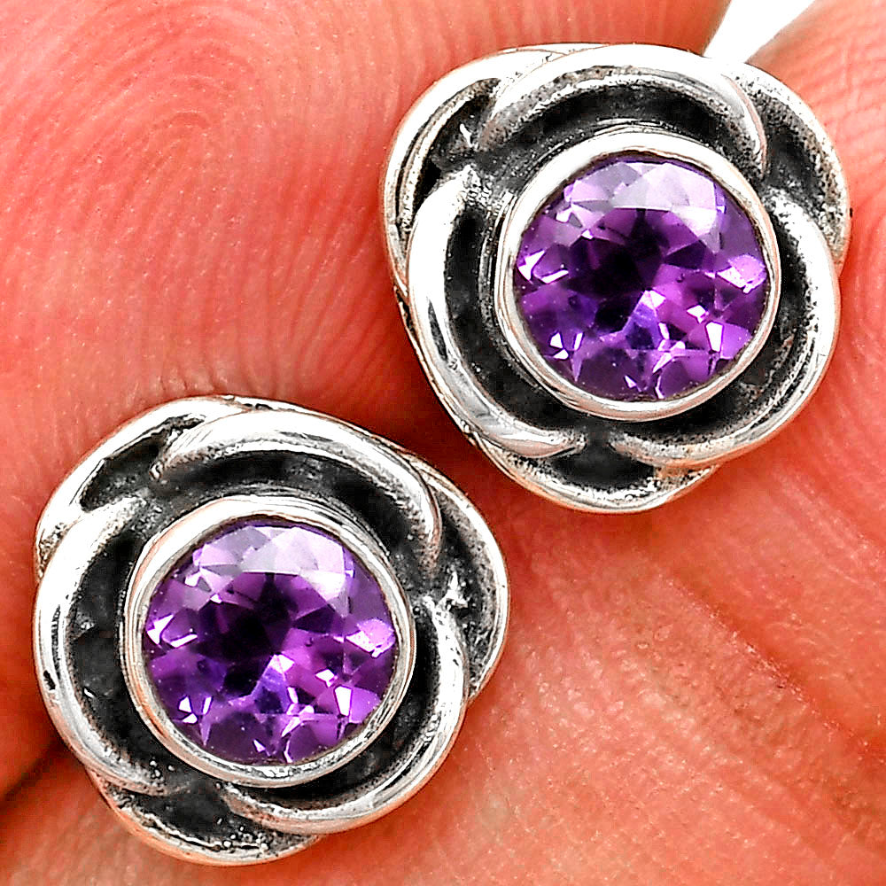 Classic Boho Floral Bezel Gemstone Stud Earrings in 925 Silver for Women AGE1008 E-1248