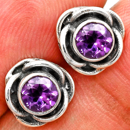 Classic Boho Floral Bezel Gemstone Stud Earrings in 925 Silver for Women AGE1008 E-1248