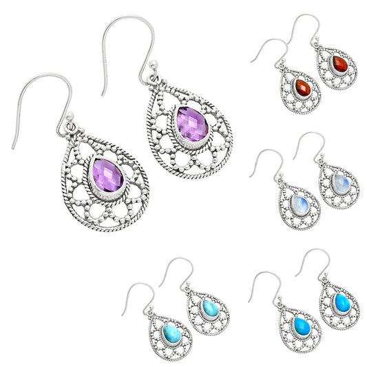 925 Sterling Silver Filigree Teardrop Gemstone Earrings for Women AGE1010 E-1251