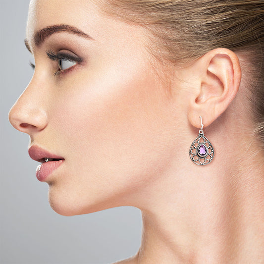 925 Sterling Silver Filigree Teardrop Gemstone Earrings for Women AGE1010 E-1251