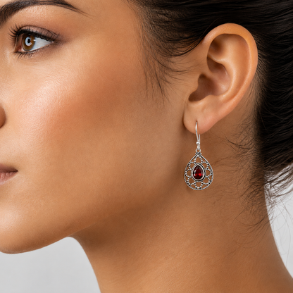 925 Sterling Silver Filigree Teardrop Gemstone Earrings for Women AGE1010 E-1251