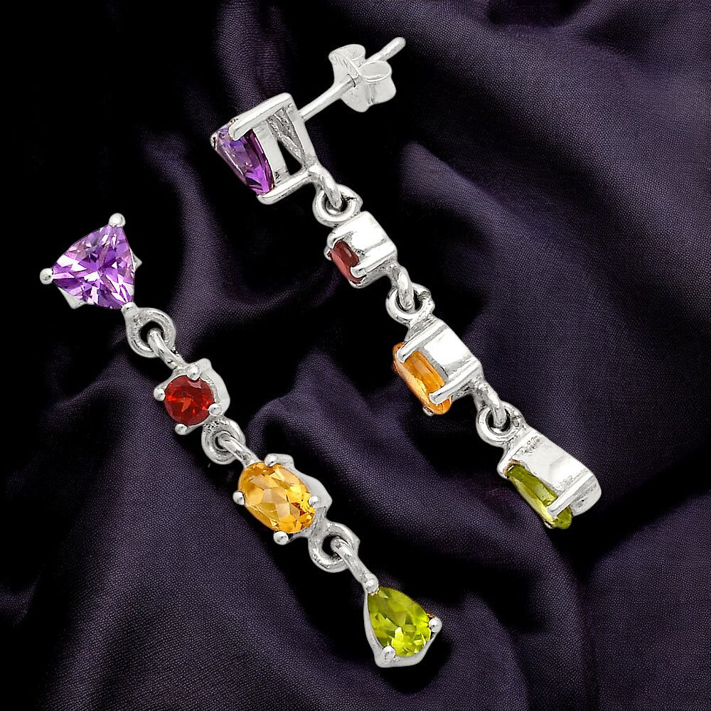 Handcrafted 925 Silver Multi-Gemstone Linear Drop Earrings for Women AGE1013 E-1061