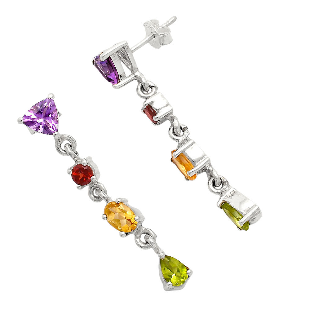 Handcrafted 925 Silver Multi-Gemstone Linear Drop Earrings for Women AGE1013 E-1061