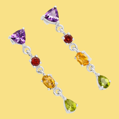 Handcrafted 925 Silver Multi-Gemstone Linear Drop Earrings for Women AGE1013 E-1061