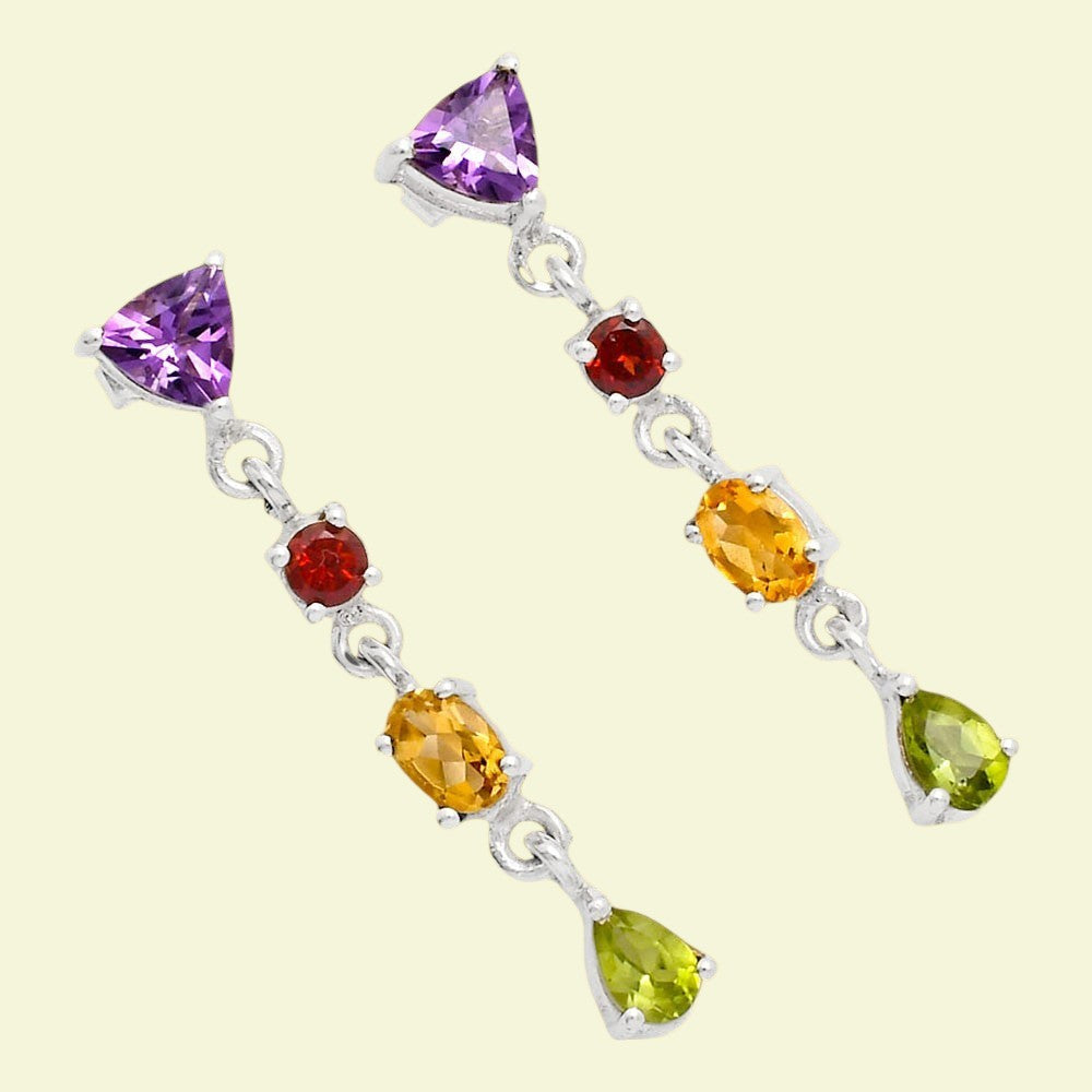 Handcrafted 925 Silver Multi-Gemstone Linear Drop Earrings for Women AGE1013 E-1061