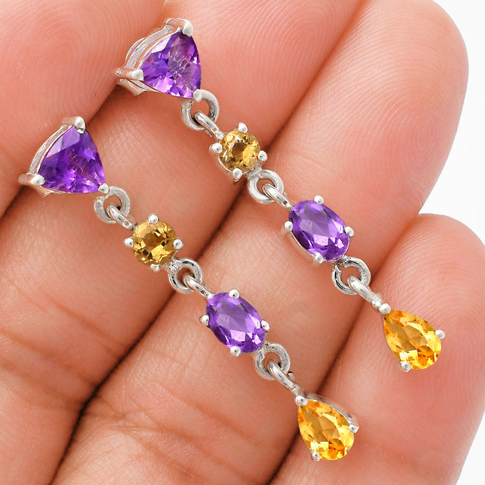 Handcrafted 925 Silver Multi-Gemstone Linear Drop Earrings for Women AGE1013 E-1061