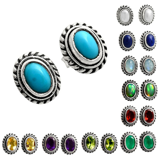 925 Silver Textured Oval Gemstone Vintage Stud Earrings for Women AGE1016 E-1245