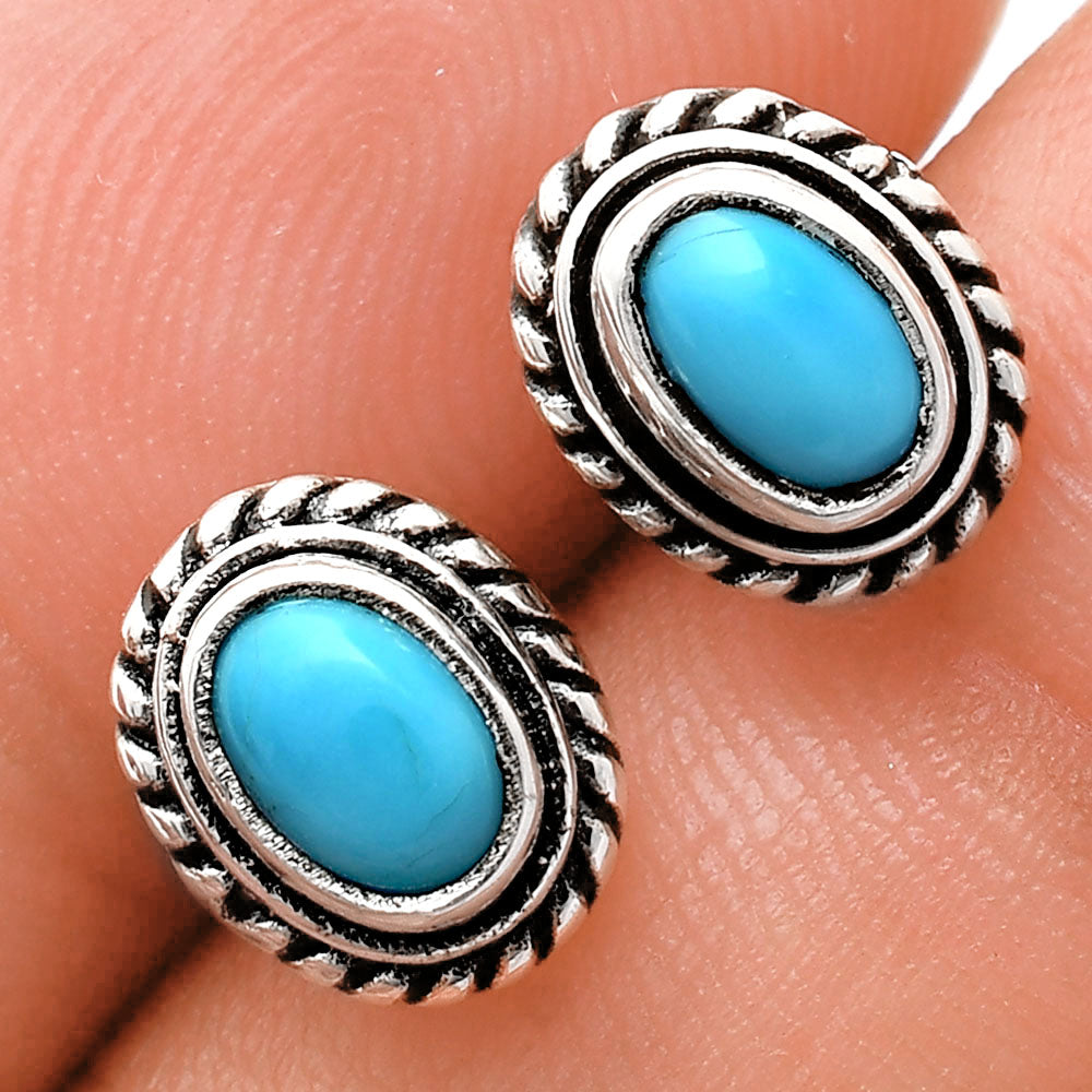 925 Silver Textured Oval Gemstone Vintage Stud Earrings for Women AGE1016 E-1245