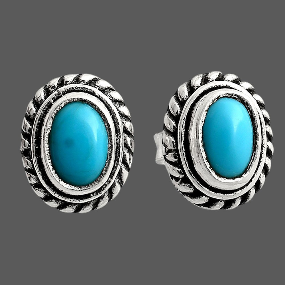 925 Silver Textured Oval Gemstone Vintage Stud Earrings for Women AGE1016 E-1245