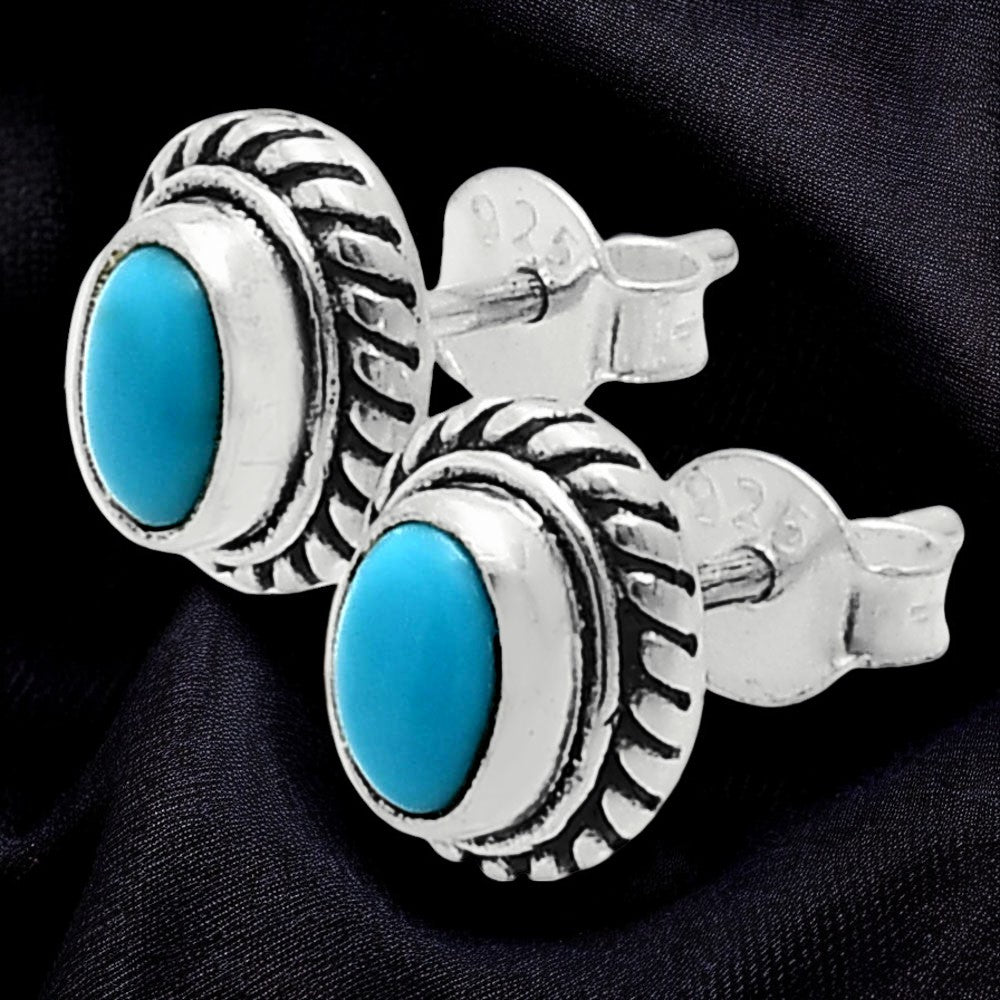 925 Silver Textured Oval Gemstone Vintage Stud Earrings for Women AGE1016 E-1245