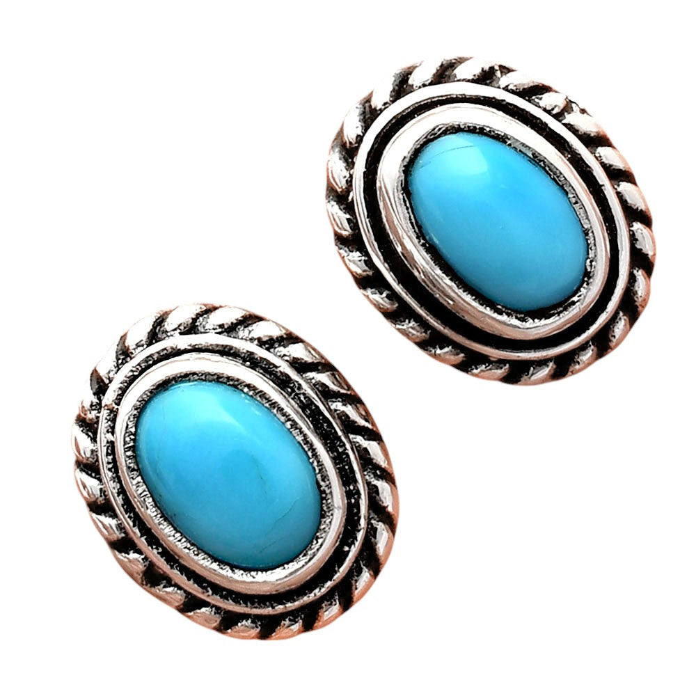 925 Silver Textured Oval Gemstone Vintage Stud Earrings for Women AGE1016 E-1245