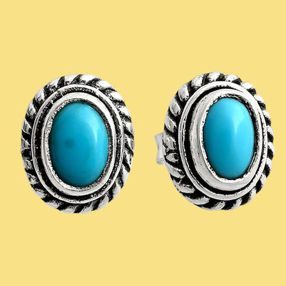 925 Silver Textured Oval Gemstone Vintage Stud Earrings for Women AGE1016 E-1245