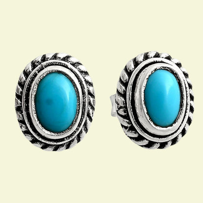 925 Silver Textured Oval Gemstone Vintage Stud Earrings for Women AGE1016 E-1245