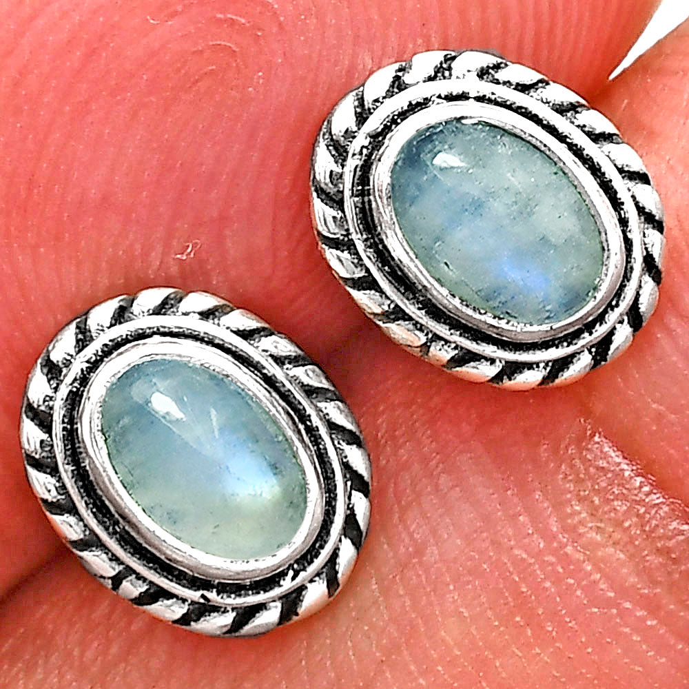 925 Silver Textured Oval Gemstone Vintage Stud Earrings for Women AGE1016 E-1245