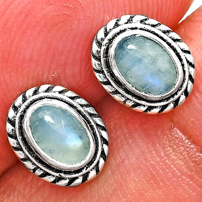 925 Silver Textured Oval Gemstone Vintage Stud Earrings for Women AGE1016 E-1245