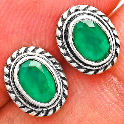 925 Silver Textured Oval Gemstone Vintage Stud Earrings for Women AGE1016 E-1245