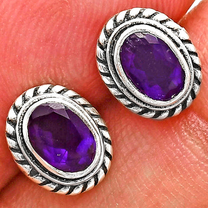 925 Silver Textured Oval Gemstone Vintage Stud Earrings for Women AGE1016 E-1245