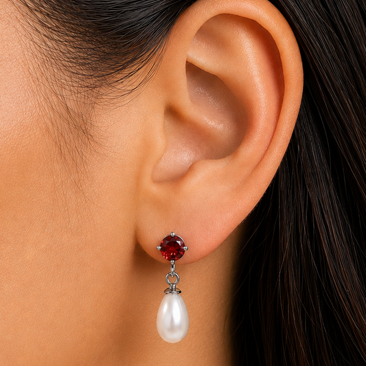 Handcrafted 925 Silver Pearl Drop Earrings with Natural Cut Gemstone AGE1022 E-1062