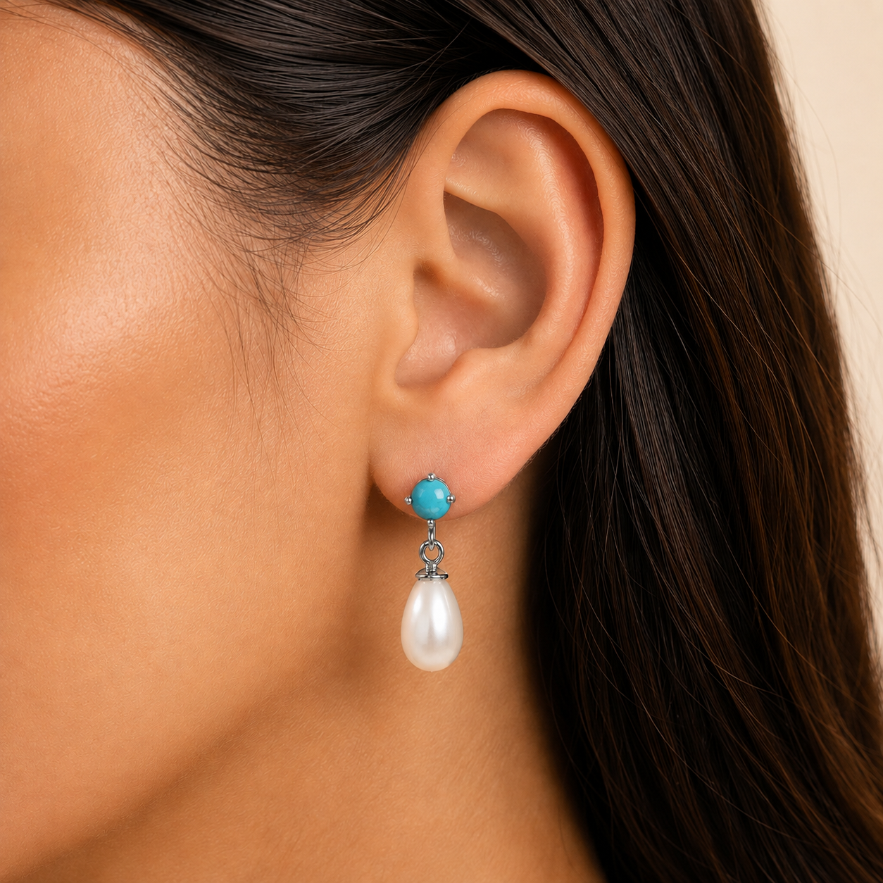 Handcrafted 925 Silver Pearl Drop Earrings with Natural Cut Gemstone AGE1018 E-1062