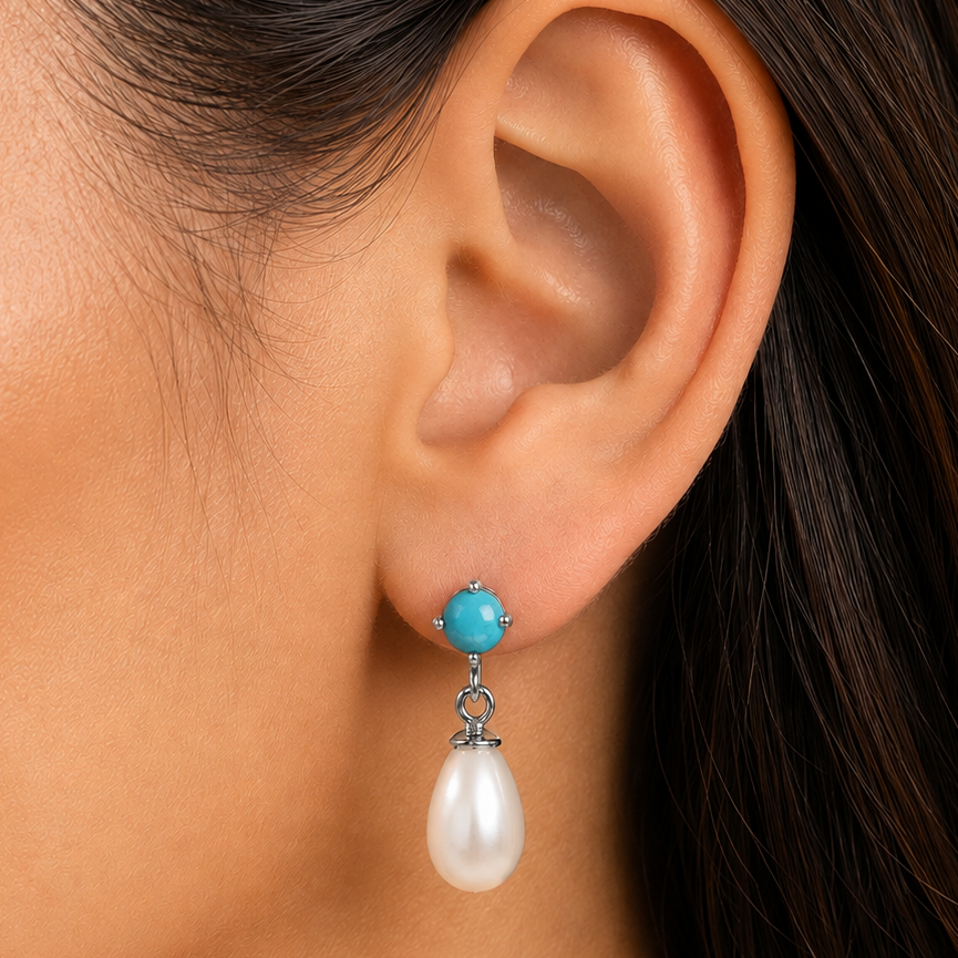 Handcrafted 925 Silver Pearl Drop Earrings with Natural Cut Gemstone AGE1018 E-1062