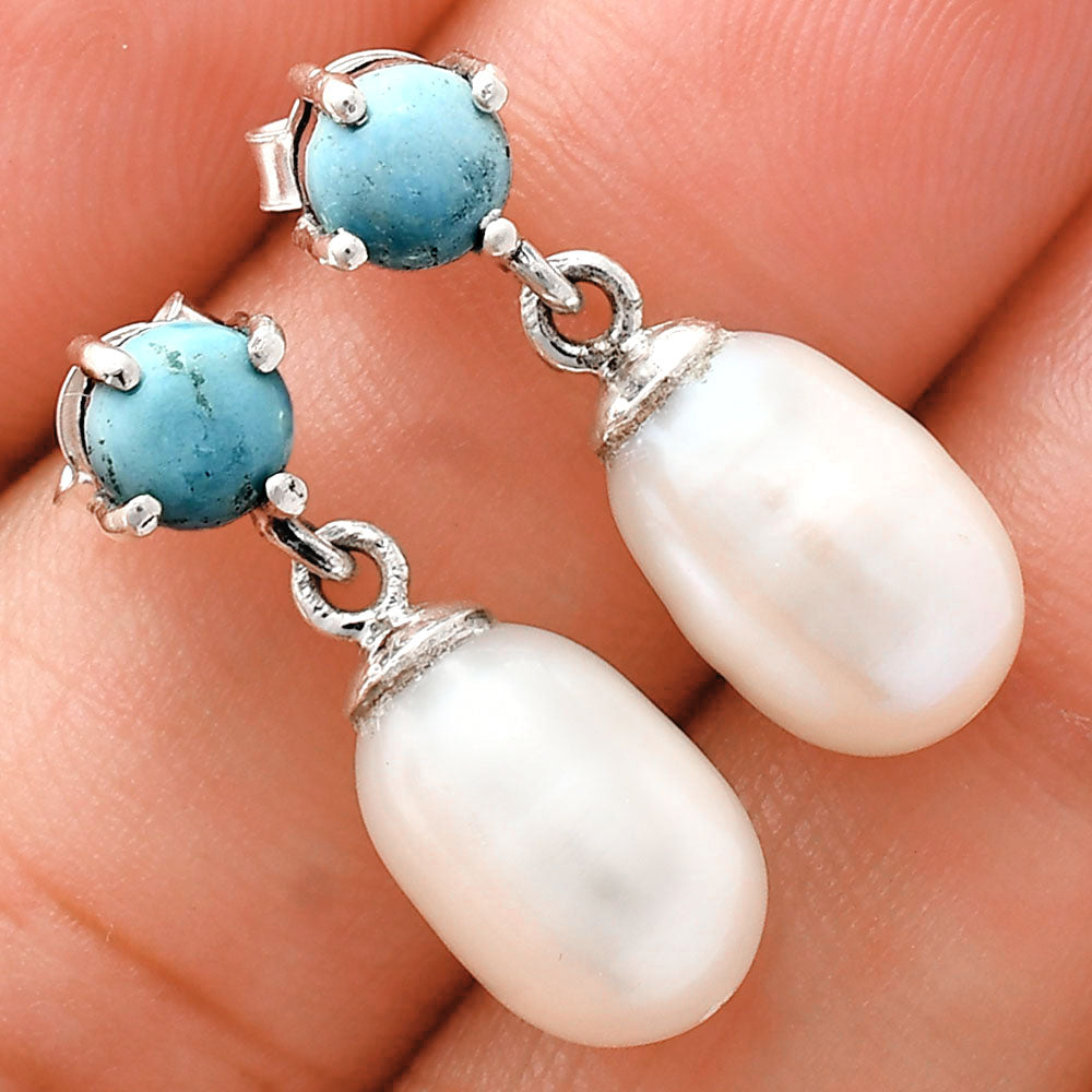 Handcrafted 925 Silver Pearl Drop Earrings with Natural Cut Gemstone AGE1018 E-1062