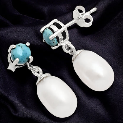 Handcrafted 925 Silver Pearl Drop Earrings with Natural Cut Gemstone AGE1018 E-1062