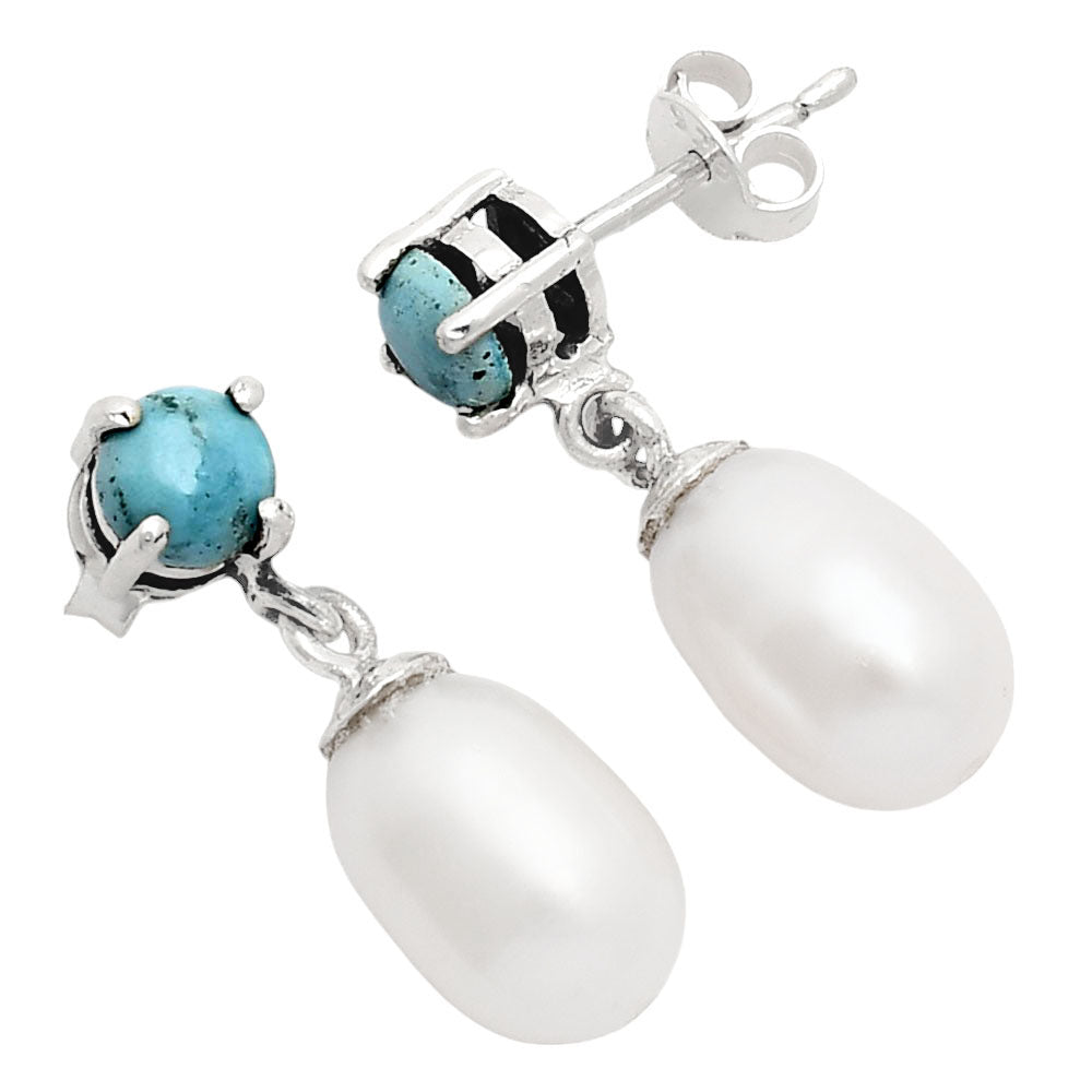 Handcrafted 925 Silver Pearl Drop Earrings with Natural Cut Gemstone AGE1018 E-1062