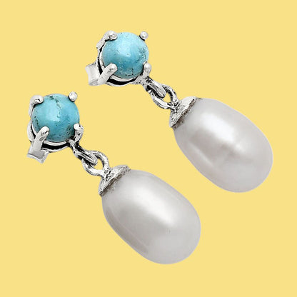 Handcrafted 925 Silver Pearl Drop Earrings with Natural Cut Gemstone AGE1018 E-1062