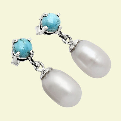 Handcrafted 925 Silver Pearl Drop Earrings with Natural Cut Gemstone AGE1018 E-1062