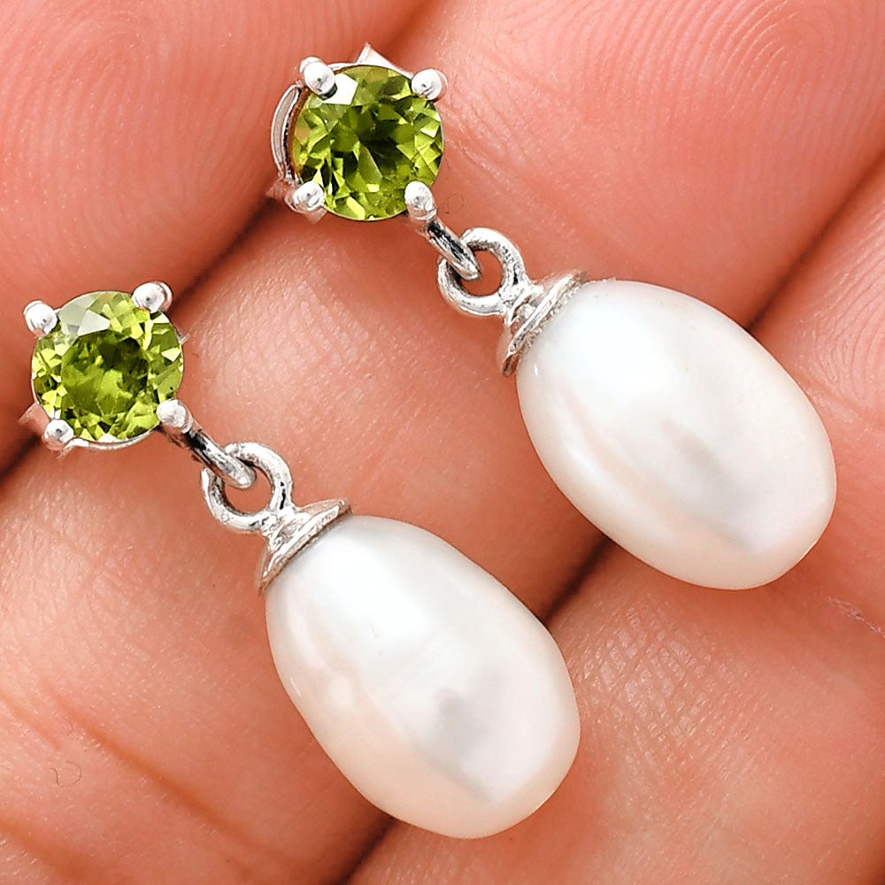 Handcrafted 925 Silver Pearl Drop Earrings with Natural Cut Gemstone AGE1018 E-1062