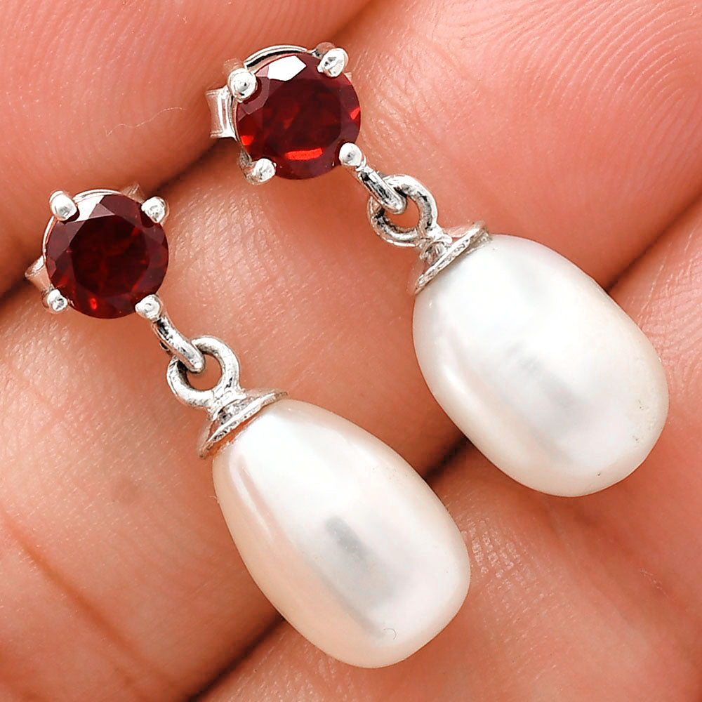 Handcrafted 925 Silver Pearl Drop Earrings with Natural Cut Gemstone AGE1018 E-1062