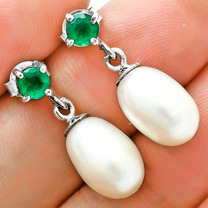 Handcrafted 925 Silver Pearl Drop Earrings with Natural Cut Gemstone AGE1018 E-1062