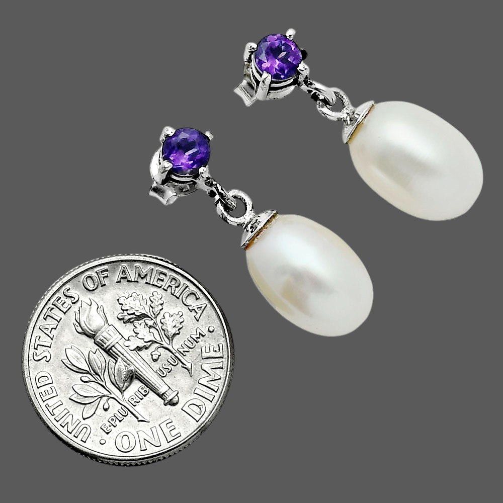 Handcrafted 925 Silver Pearl Drop Earrings with Natural Cut Gemstone AGE1022 E-1062