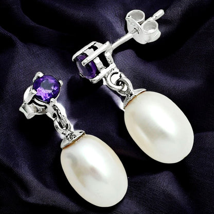 Handcrafted 925 Silver Pearl Drop Earrings with Natural Cut Gemstone AGE1022 E-1062