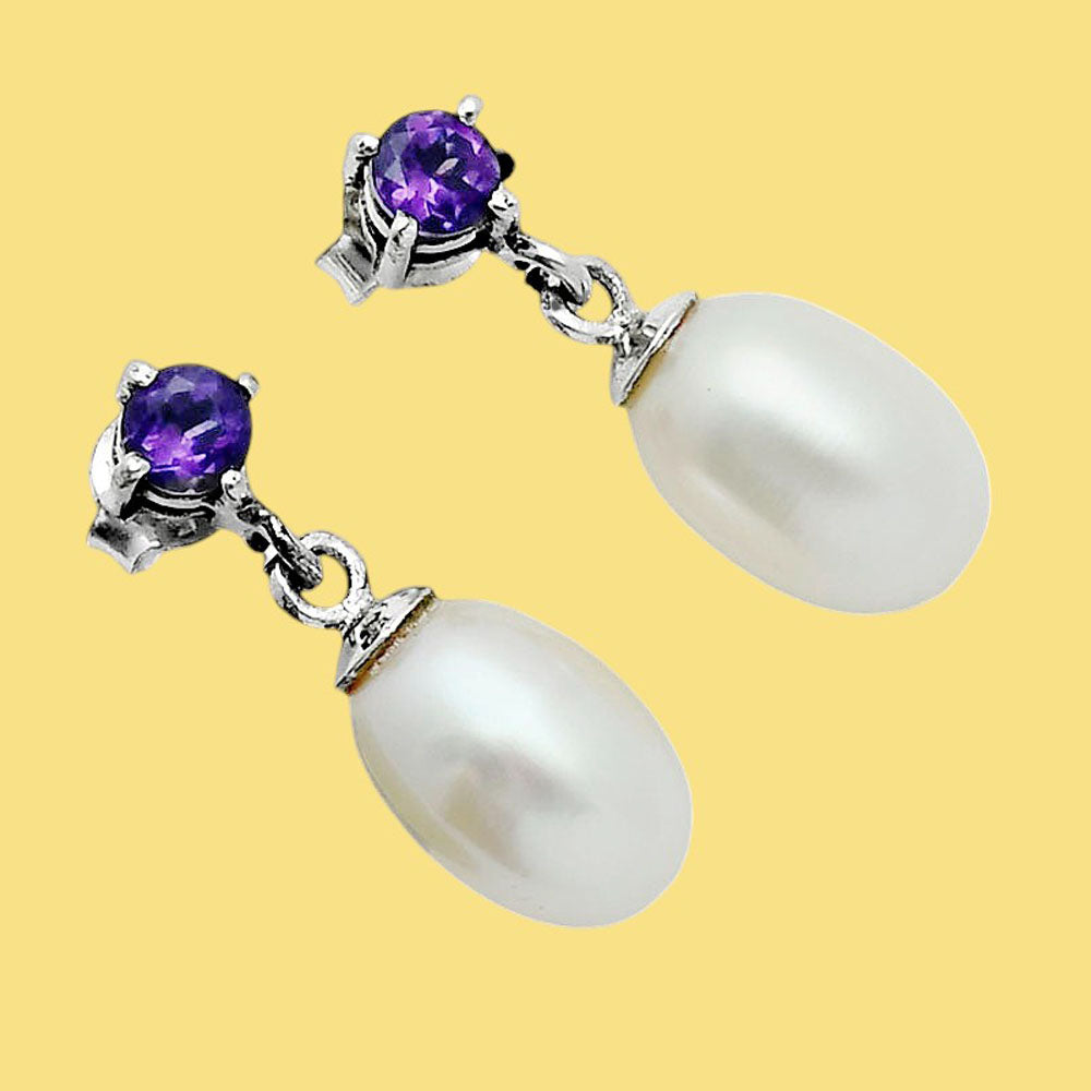 Handcrafted 925 Silver Pearl Drop Earrings with Natural Cut Gemstone AGE1022 E-1062