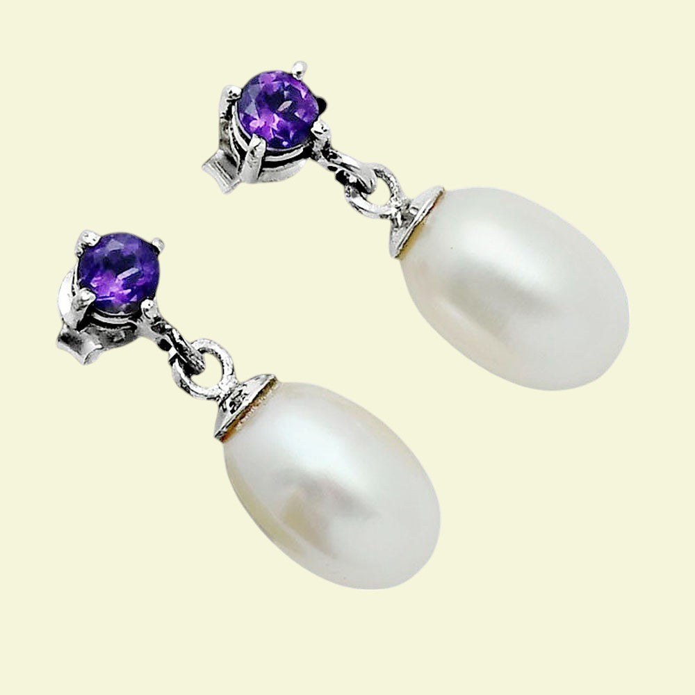 Handcrafted 925 Silver Pearl Drop Earrings with Natural Cut Gemstone AGE1022 E-1062