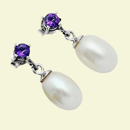 Handcrafted 925 Silver Pearl Drop Earrings with Natural Cut Gemstone AGE1022 E-1062