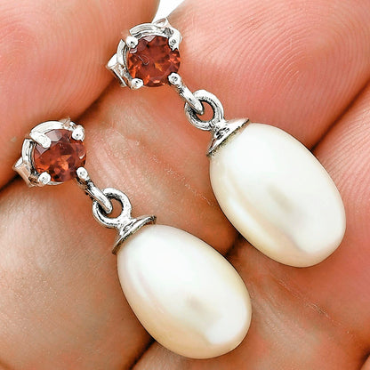 Handcrafted 925 Silver Pearl Drop Earrings with Natural Cut Gemstone AGE1022 E-1062