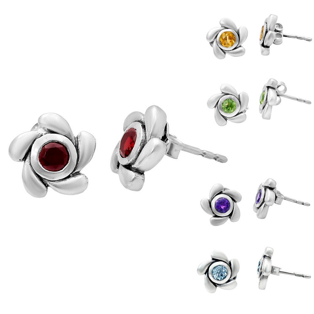Handcrafted 925 Sterling Silver Flower Stud Earrings with Birth Gemstone AGE1023 E-1260