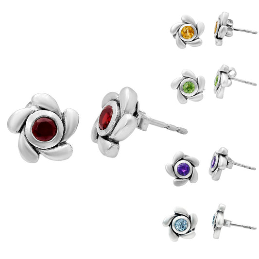 Handcrafted 925 Sterling Silver Flower Stud Earrings with Birth Gemstone AGE1023 E-1260
