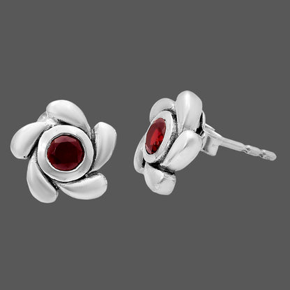 Handcrafted 925 Sterling Silver Flower Stud Earrings with Birth Gemstone AGE1023 E-1260