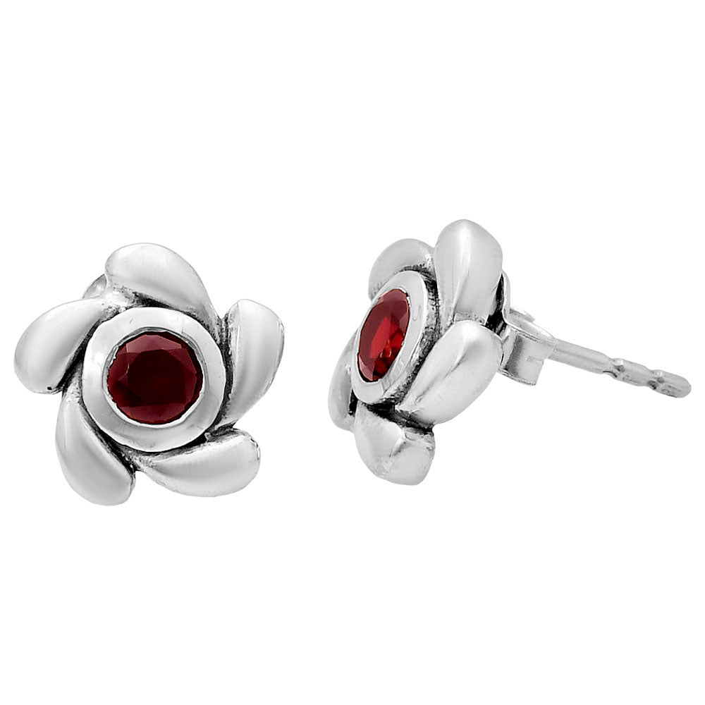Handcrafted 925 Sterling Silver Flower Stud Earrings with Birth Gemstone AGE1023 E-1260