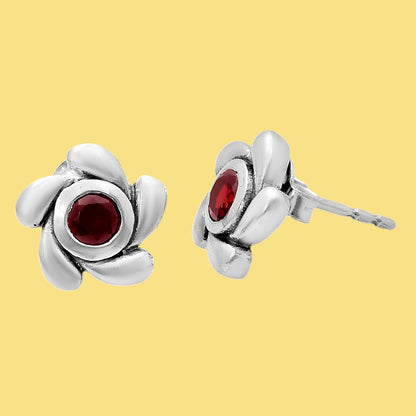 Handcrafted 925 Sterling Silver Flower Stud Earrings with Birth Gemstone AGE1023 E-1260