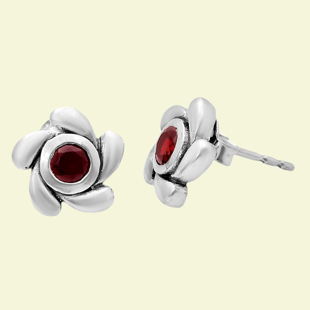 Handcrafted 925 Sterling Silver Flower Stud Earrings with Birth Gemstone AGE1023 E-1260